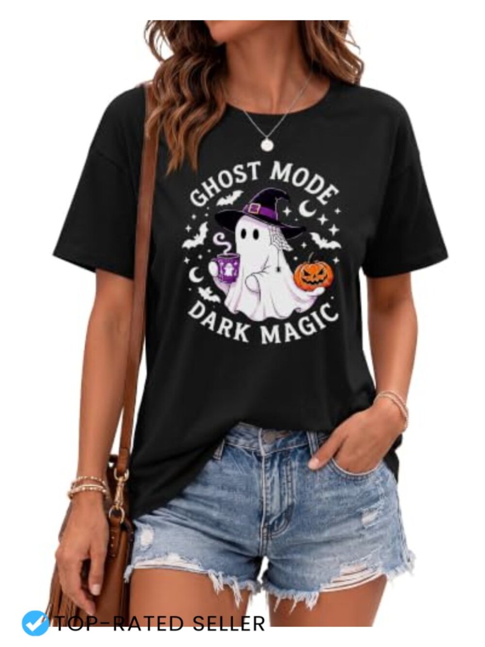 Women's Halloween Ghost Graphic T-Shirt Short Sleeve Crew Neck Spooky Tee
